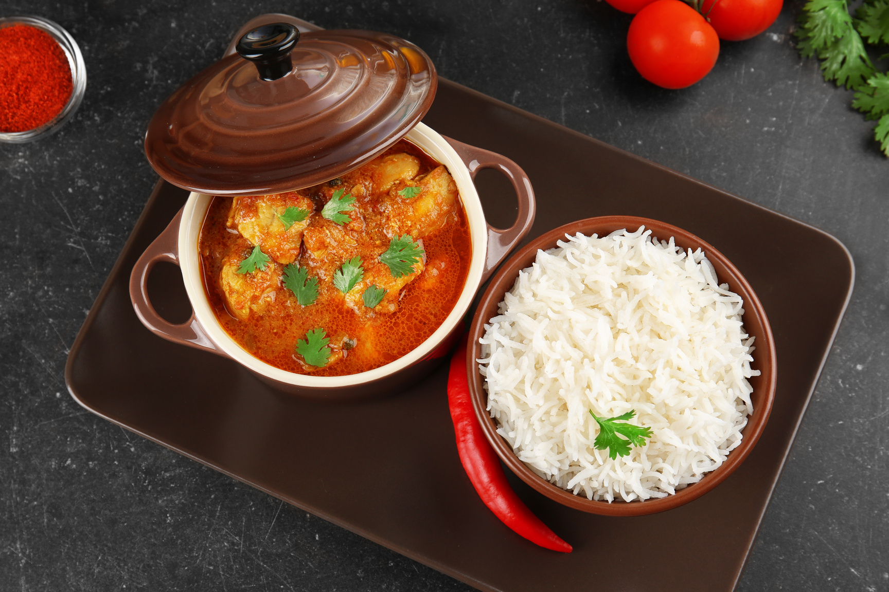 Bowls of Chicken Curry and Rice on Tray 